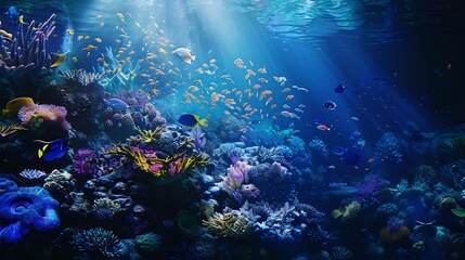 Wall Mural - underwater coral reef landscape super wide banner background  in the deep blue ocean with colorful fish and marine life : Generative AI