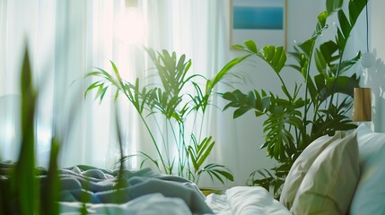 Wall Mural - Fresh potted plants in bright room with poster above the bed : Generative AI