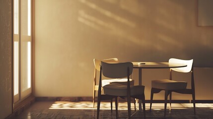 Poster - Modern interior design of apartment dining room with table and chairs empty living room with beige wall panorama : Generative AI