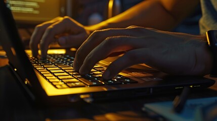 Close up of freelancers developer hands typing program code on laptop keyboard in coworking Businessman at work in working in office Copywriter writing text on computer keyboard in cof : Generative AI