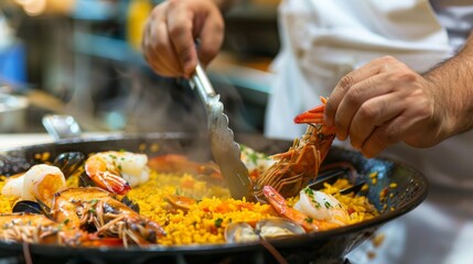 Wall Mural - A restaurant chef plating grilled shrimp paella with saffron-infused rice and assorted seafood