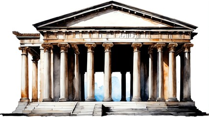 Wall Mural - roman temple watercolor painting front facade exterior on plain white background art