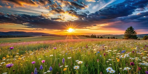 Wall Mural - Meadow view with wildflowers and a stunning sunset sky, meadow, wildflowers, sunset, sky, nature, landscape, colorful, serene