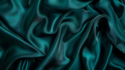 Poster - Dark teal green silk satin Shiny smooth fabric Soft folds Luxury background with space for design web banner Flat lay top view table Birthday Christmas Valentine New year : Generative AI