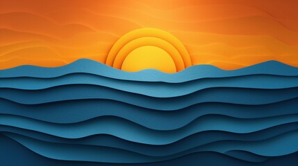 Abstract 3D Sunset Over Ocean Waves with Layered Textures and Vibrant Colors
