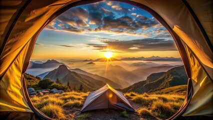 Wall Mural - Sunrise view on mountain from inside tent, nature, outdoors, camping, wilderness, morning, dawn, sunrise, tent, mountain