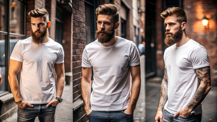 Collage of photos with young bearded guy in blank white t-shirt. Design men t shirt mock-up for print