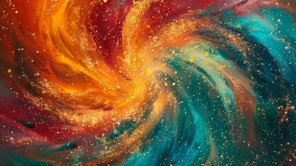 Swirling colors resemble marigold petals with golden glitter and teal hints backdrop