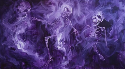 Wall Mural - Deep purple mist with faint skeletons dancing in Day of the Dead scene backdrop