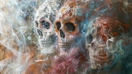 Wall Mural - Smoke drifts through veils adorned with intricate sugar skull motifs backdrop