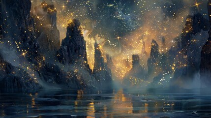 Wall Mural - Molten gold sea and obsidian cliffs under starry sky with ethereal mist backdrop