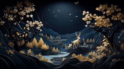 Dark blue mural wallpaper from the contemporary era Christmas tree, mountain, deer, birds, and waves of gold on a dark blue backdrop depicting a jungle or forest.