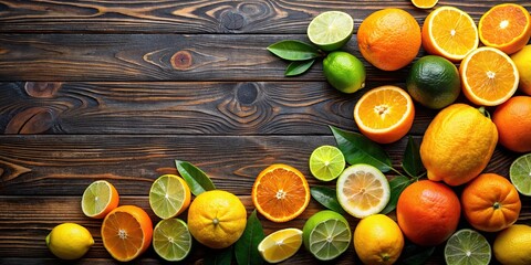 Wall Mural - Citrus fruits including oranges, limes, and lemons arranged on a dark wood background with copy space, citrus, fruits