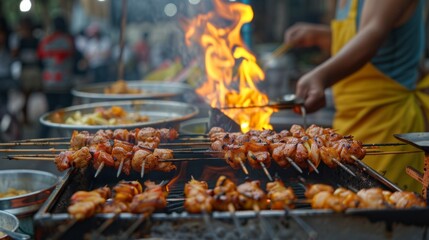 Wall Mural - A street food vendor grilling chicken skewers over an open flame at a bustling market