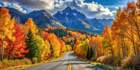 Wall Mural - Scenic autumn drive with colorful trees, falling leaves, mountains, and blue sky, autumn, scenic, drive