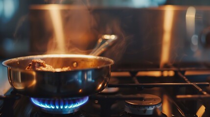 stainless pan on the hob cooking on a gas stove the cost of gas in Europe : Generative AI