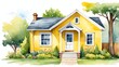 © SevenThreeSky - small cute yellow house watercolor painting front facade exterior on plain white background art