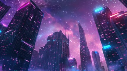 Wall Mural - Sleek skyscrapers and neon lights create awe-inspiring futuristic cityscape backdrop
