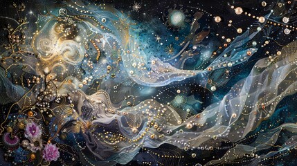 stardust threads and twinkling constellations create a celestial tapestry backdrop