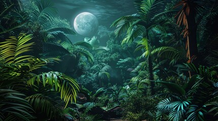 Wall Mural - Tropical paradise with moonlit glow exotic flora and verdant greens backdrop