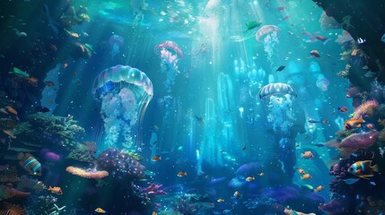 Wall Mural - Fantastical underwater scene with jellyfish fish and thriving coral reefs backdrop