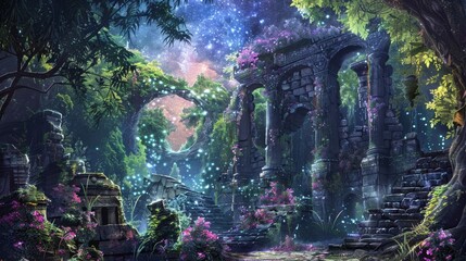Wall Mural - Ancient ruins entwined with vines and orchids in a starlit enchanted garden backdrop