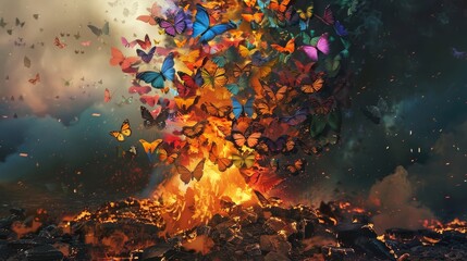 Butterflies emerging from fire into sky - A vibrant display of various butterflies taking flight from flames against a dramatic backdrop