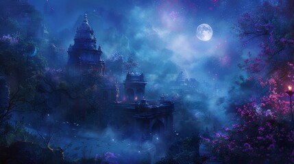 Wall Mural - Moonlit vista with mist tendrils and jewel tones evoking magical Diwali night backdrop