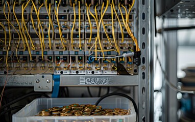 Close up of an electrical panel with many wires, small gold ingots in the foreground on one side, broken computer screen on the other side, in an abandoned warehouse environment, cinematic photography