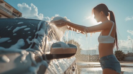 A girl in casual attire washes a car with soapy water under a sunny sky, creating a splash.