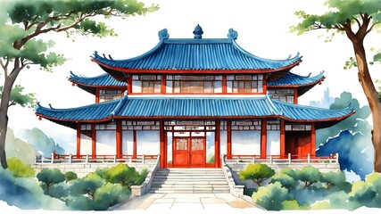 Wall Mural - traditional house in china watercolor painting front facade exterior on plain white background art