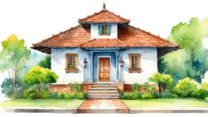 Wall Mural - traditional house in colombia watercolor painting front facade exterior on plain white background art