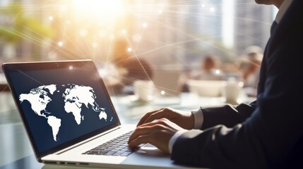 Poster - businessperson using a laptop to connect with colleagues from different countries.