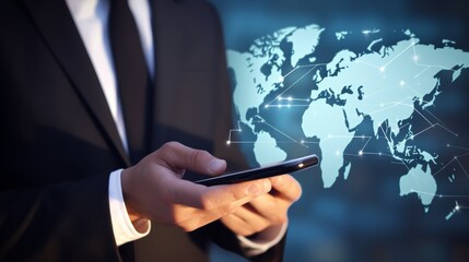 Poster - businessperson using a smartphone to connect with customers from around the world.