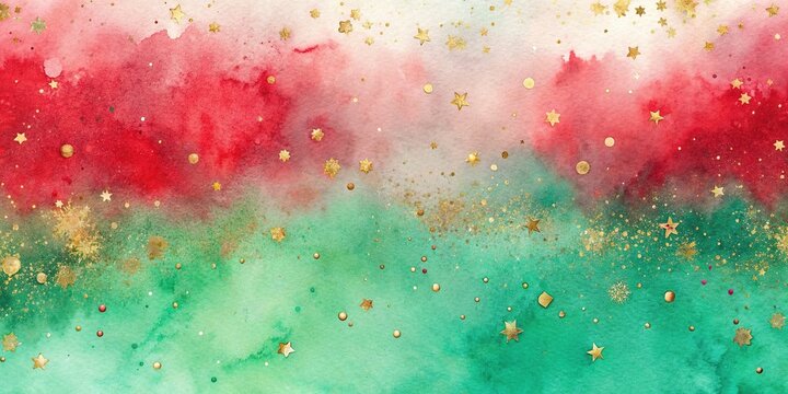 Holiday watercolor abstract background with gold glitter in red and green pastel colors Impressionism style, holiday
