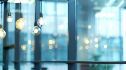 Aufkleber - Beautiful blurred background of a light modern office interior with panoramic windows and beautiful lighting : Generative AI