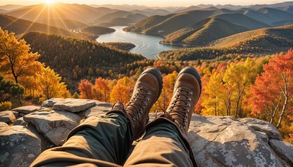 A hiker enjoys a stunning autumn view from a mountain peak, overlooking a river winding through colorful forested hills at sunset. Hiker's POV