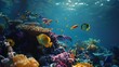 © Generative AI - underwater coral reef landscape 16to9 background  in the deep blue ocean with colorful fish and marine life : Generative AI