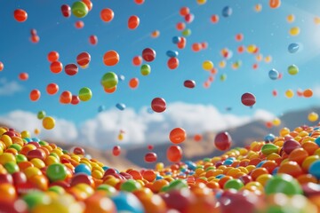 hills made of skittles candies, lots of colorful skittles candies laying around, lots of colorful skittles candies floating in the air, light background, photo realistic, hyper realistic, cinematic li