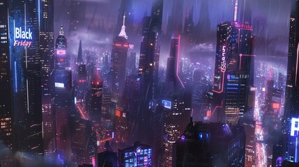 Canvas Print - Futuristic cityscape with neon lights and sleek skyscrapers capturing urban energy