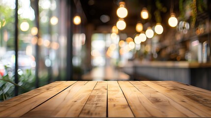 Poster - Empty wooden table and blurred background of abstract in front of restaurant or coffee shop for display of product or for montage : Generative AI
