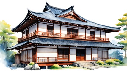 Wall Mural - traditional house in japan watercolor painting front facade exterior on plain white background art