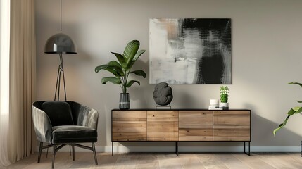 Wall Mural - Modern design home interior of living room with wooden commode design black armchair tropical leafs and elegant accessories Stylish home decor Mock up abstract paintings on the wall Te : Generative AI
