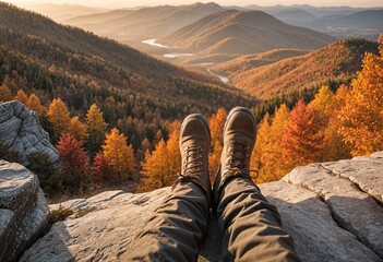A hiker enjoys a stunning autumn view from a mountain peak, overlooking a river winding through colorful forested hills at sunset. Hiker's POV