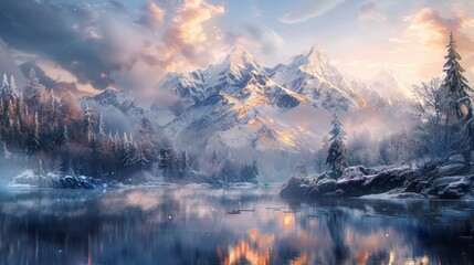 Wall Mural - Frozen lakes and snow-capped mountains in holiday magic serene and inviting