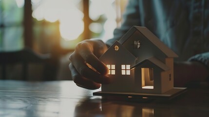 Poster - Businessman choosing mini wood house model from model on wood table Planning to buy property concept of Choose the best : Generative AI