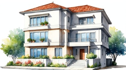 Wall Mural - apartment duplex house watercolor painting front facade exterior on plain white background art