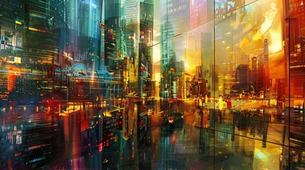 Wall Mural - Abstract landscape of glass and metal skyscrapers and city lights