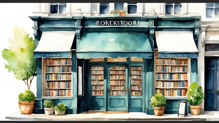 Wall Mural - bookstore watercolor painting front facade exterior on plain white background art