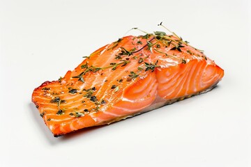 Wall Mural - A piece of roasted salmon with herbs, Very appetizing, White background